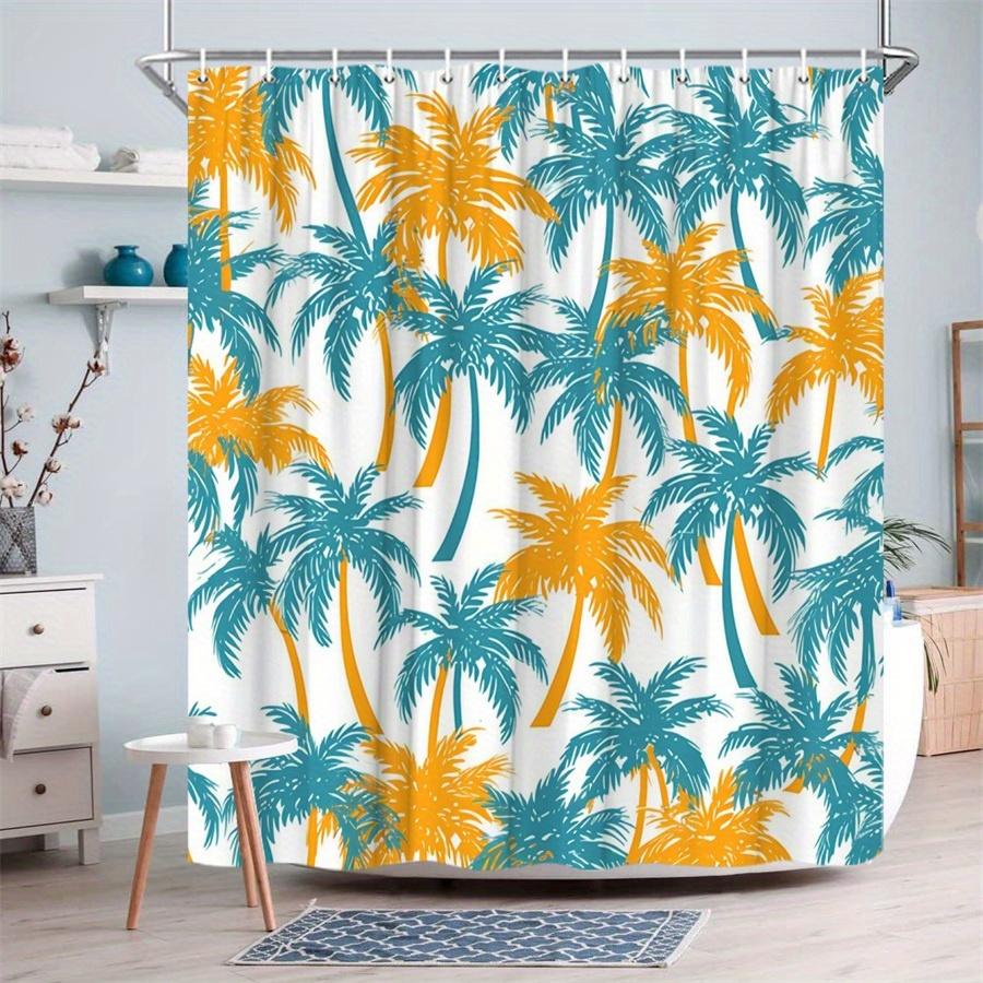 1Pc Tropical Palm Tree Shower Curtain - White, Teal And Orange Digital Print, Polyester Fabric, Machine Washable