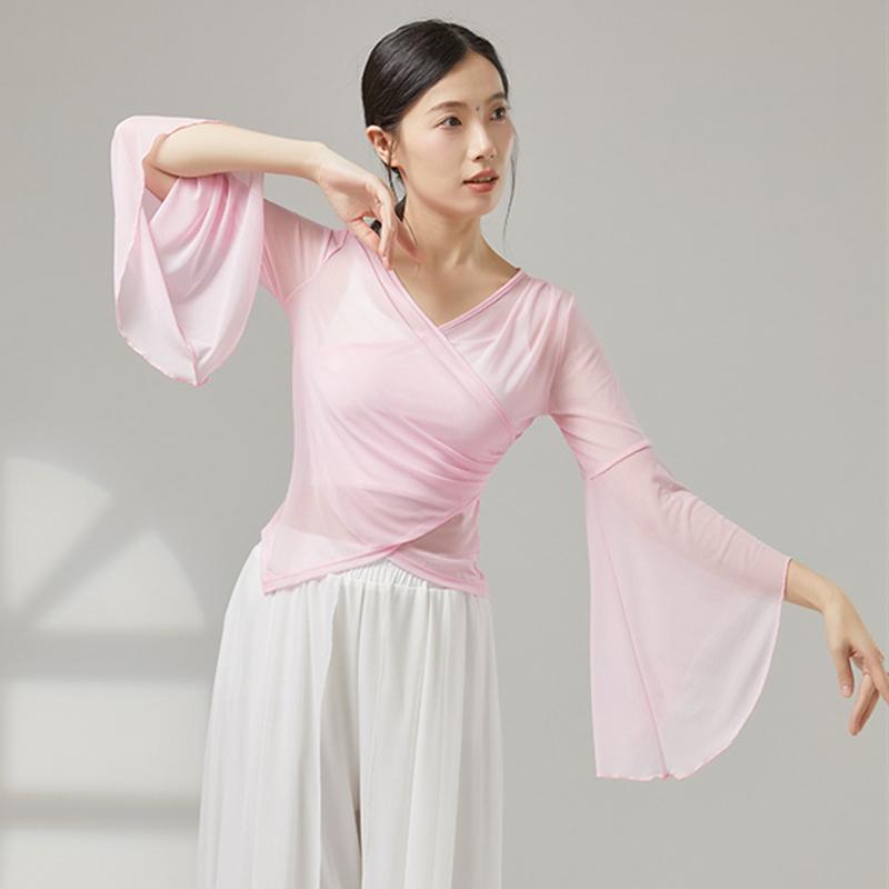 Classical Dance Mesh Women Flared Sleeve Shirt Training Performance Competition Costume Flowy Chinese Folk Dancewear Hanfu