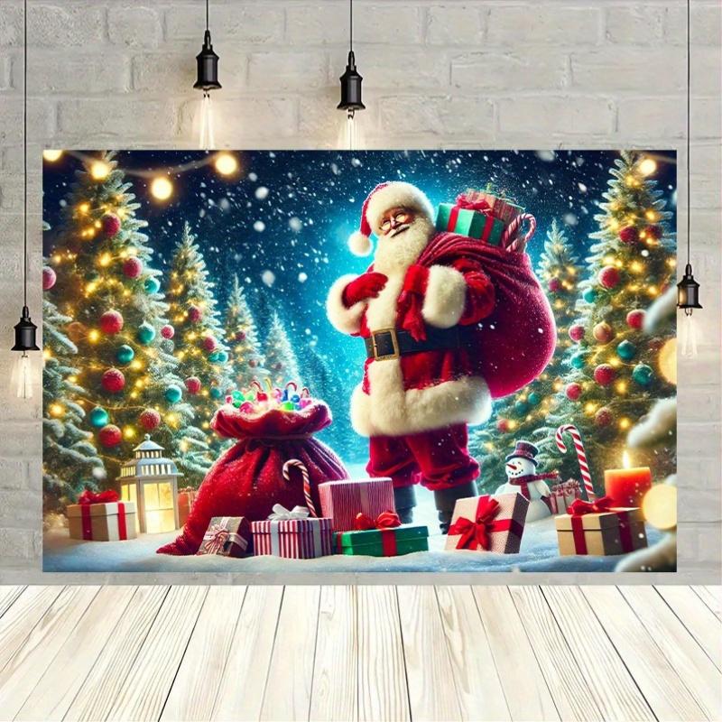 1Pcs Joyful Santa Presents Snowy Forest Decoration Background Winter Backdrop For Photo Studio Photo Booth Party