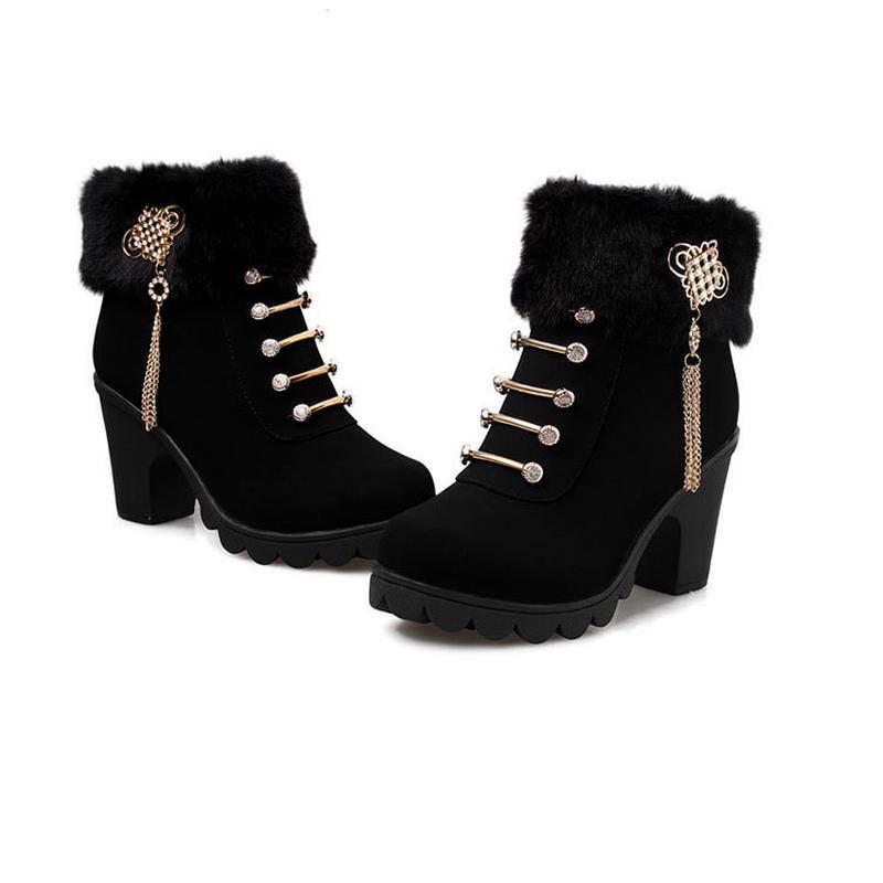 Women's Boots High-heeled Shoes Snow Boots Winter Fur Thick Ankle Boots Plus Velvet Cotton Shoes