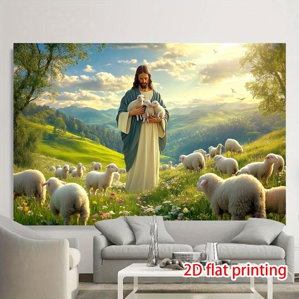 2D Flat 1pc and Lamb Religious Tapestry  Pastoral Landscape Wall Hanging Sheep  Mountain Scene  2D Flat Printing on Durable