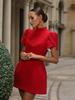 Ladies' Standing Collar Bow Short Dress Women's Short Sleeved Dress Christmas Festival Birthday Red Dress