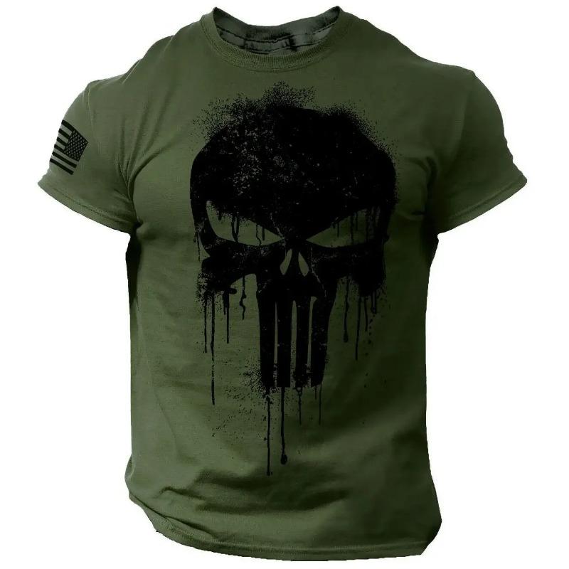 Summer Vintage Men's T Shirt Militar Skull Print Tees Casual Short Sleeve Pullover Oversized Man Clothing Outdoor O Neck T-Shirt
