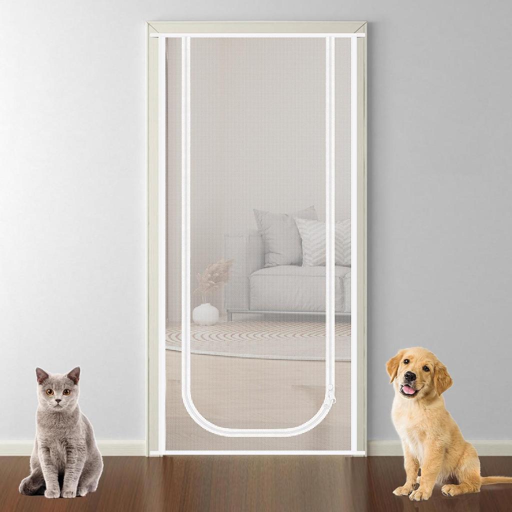 Reinforced Mesh Screen Zipper Closure Keep Pet Cat In&Out Door Curtain Anti-mosquito for Living Room Bedroom Kitchen