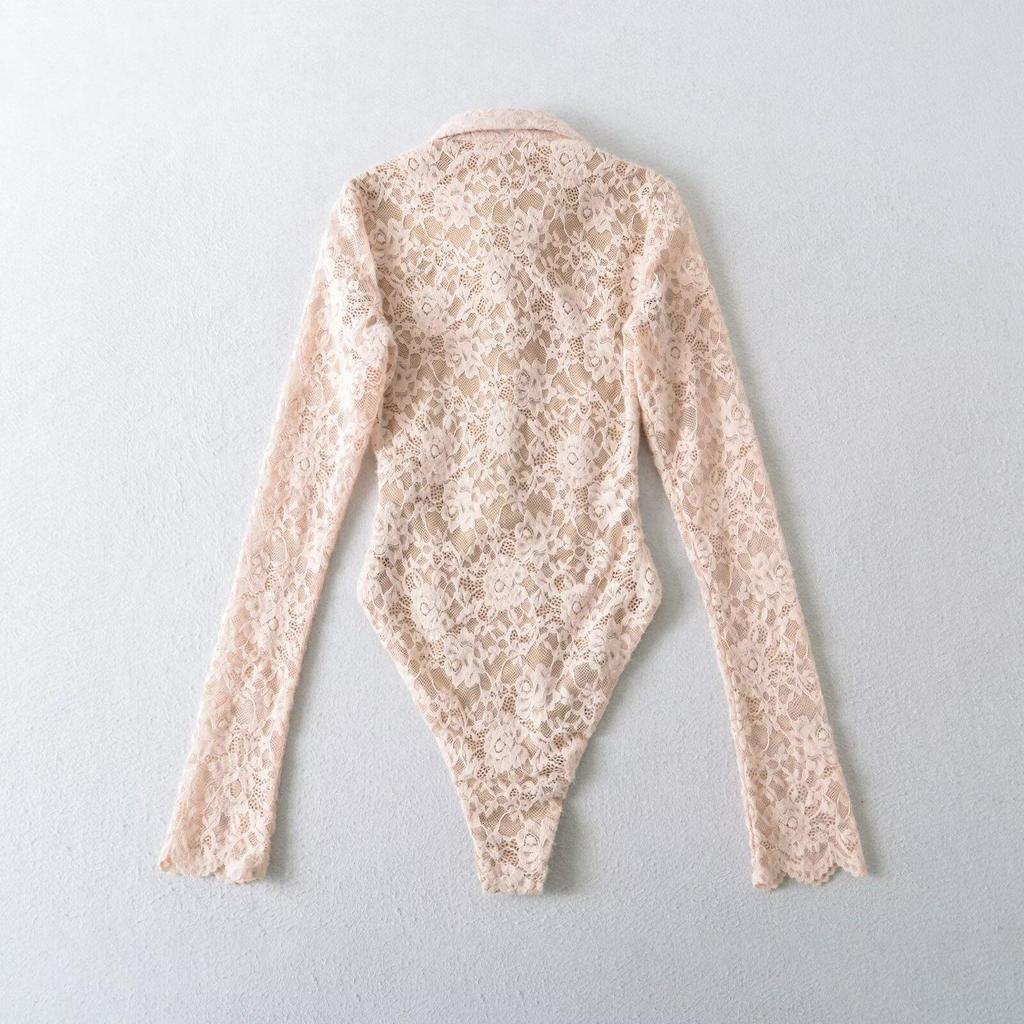 American Spicy Girl Slim-fit Floral Lace Jumpsuit - Embossed Long-Sleeve Lapel (2025)