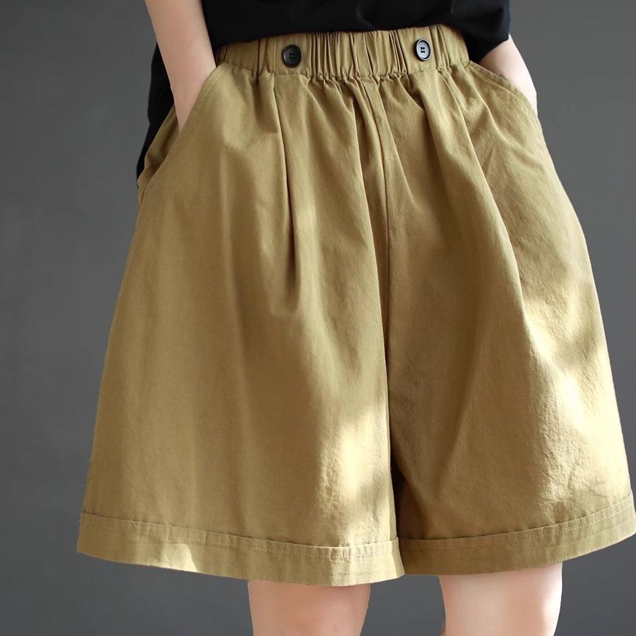 

Pure cotton six-color shorts women s large size loose summer retro solid color wide-leg overalls elastic waist versatile five-point pants M хаки
