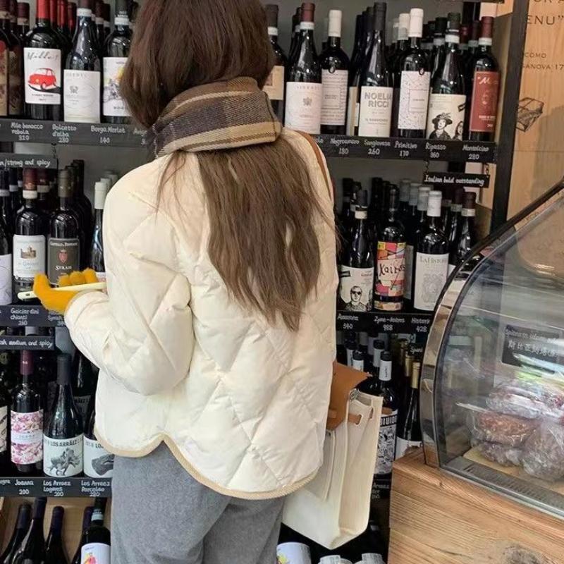 Autumn Winter Women's Diamond-Quilted Cotton Coat Korean-Style Woven Padded Jacket Contrast Color Panel Short Cotton-Padded Outerwear