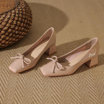 Women's Patent Leather Square Toe Chunky High Heels with Bow