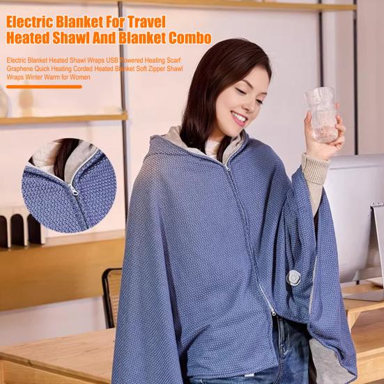 Electric Blanket USB-Powered Hooded Zipper Closure Solid Color Heated Shawl Wraps Winter Warm Quick Heating Blanket