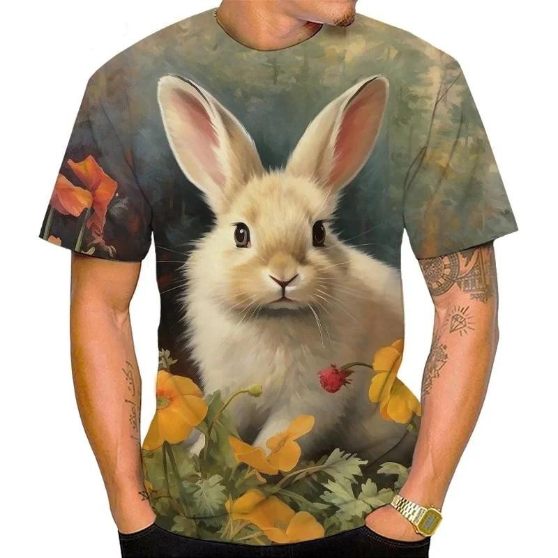 Cute Animal Rabbit Pattern T Shirt For Men Flower 3D Printed Tees Summer Casual Round Neck Tops Unisex T-Shirts Short Sleeves