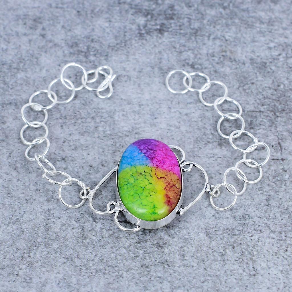 Rainbow Solar Quartz Gemstone Handmade 925 Sterling Silver Bracelet 7-8" M-2714
