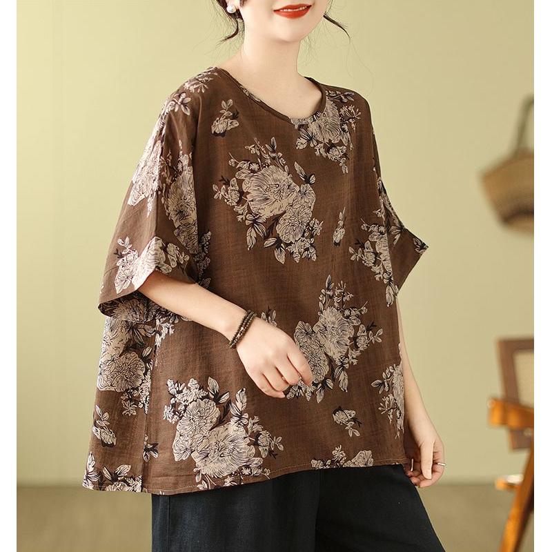 Lockeres Baumwoll-Leinen Übergröße Damen Bedrucktes T-Shirt Sommer Ethnischer Stil Fledermausärmel Schlankmachendes Mom Blumenmuster Oberteil