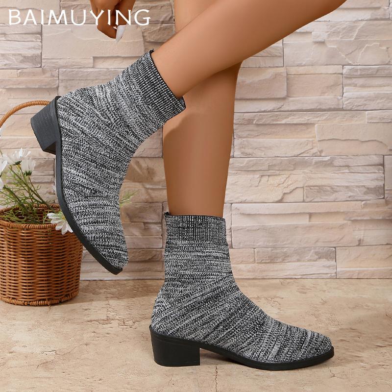 Knitting Women Snow Ankle Boots Designer Mid Heels Shoes Winter Classic Sock Boots Tremd Winter Pumps Goth Botas De Mujer