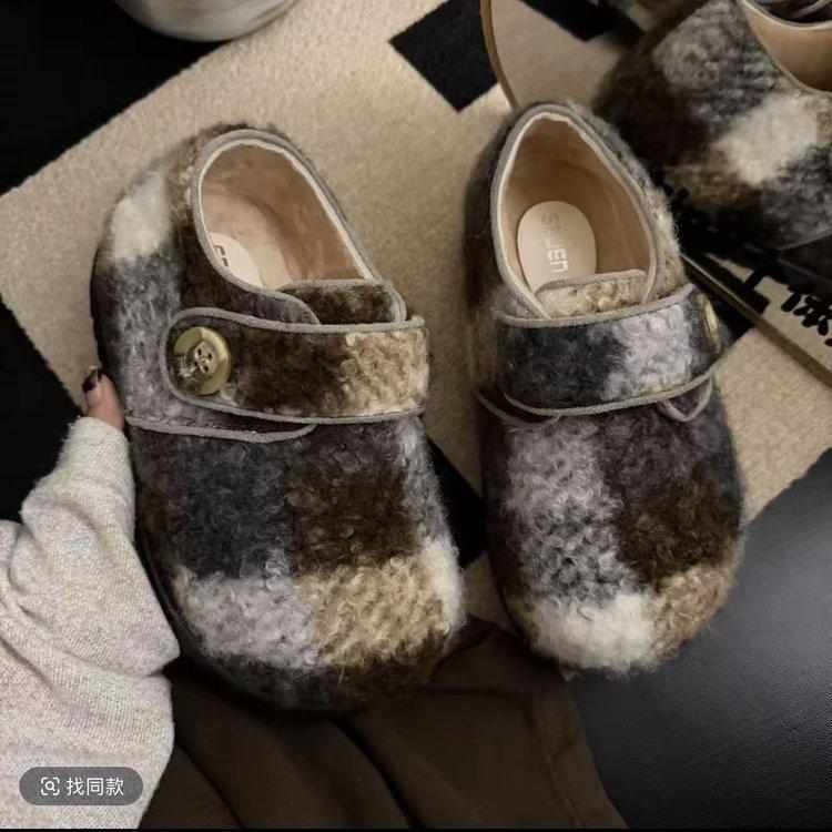 Retro leopard print Mary Jane fluffy shoes women's winter velvet 2025 autumn new versatile warm-soled button shoes