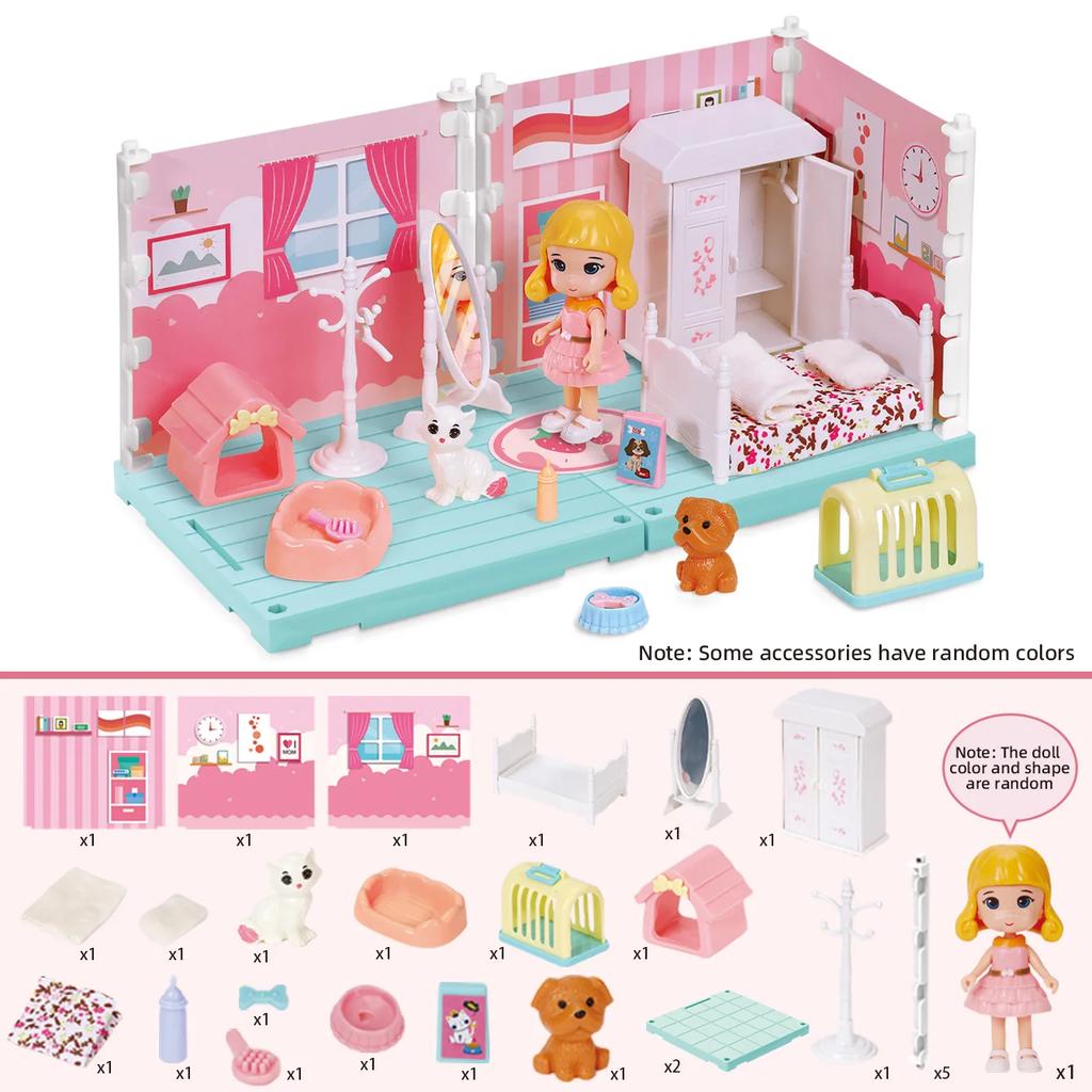Miniatures House Kit Girls Toys Doll House Mini Room Simulated Bedroom Bathroom Kitchen Study Furniture Play House Toys for Kids