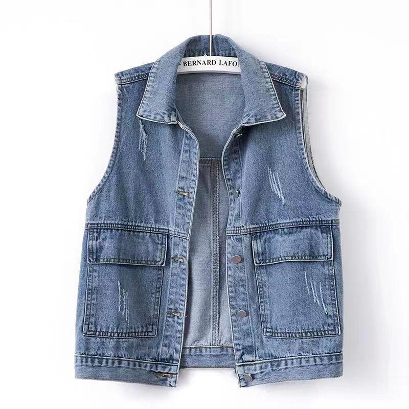 Damen Weste Jacke Mäntel Koreanische Mode Kurzer Mantel Denim Vintage Ärmellos Locker Einreihig Für Damen