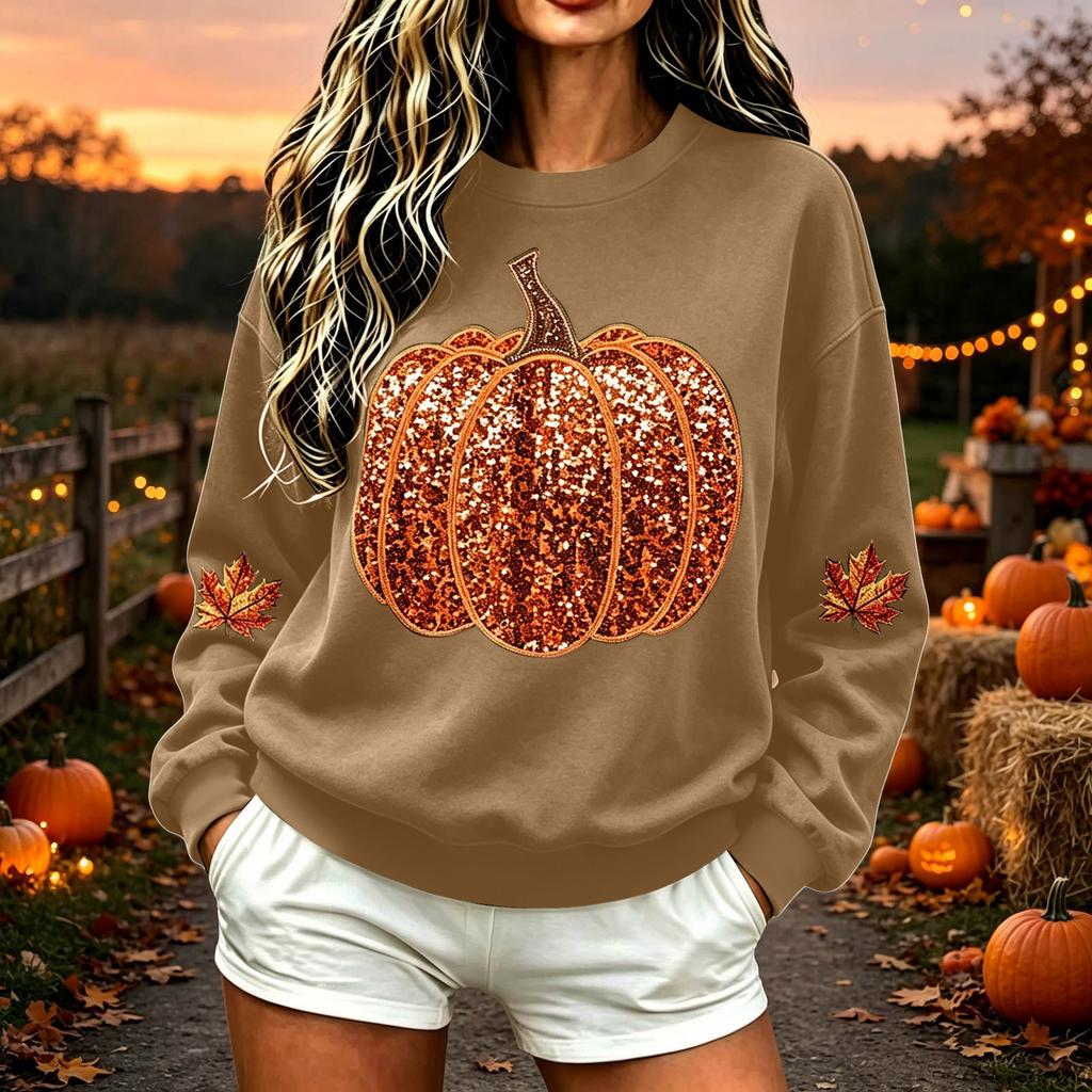 Women's Casual Neck Halloween Top with Sequin Pumpkin Print, Festive Holiday Shirt