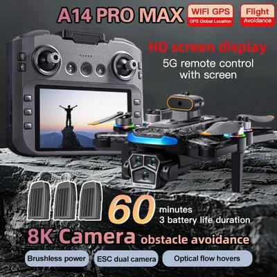 A14 Pro Max GPS Brushless 8K HD Triple Camera 5G WIFI Optical Flow Obstacle Avoidance Foldable Quadcopter Remote Control Long-range Drone Toy