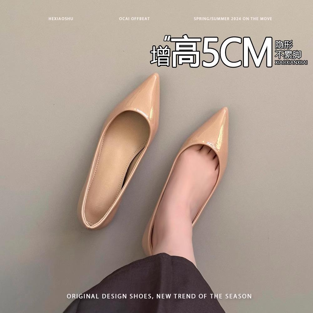 Sheepskin Version~ Inner Height Increase 5cm Pointed Single Shoes Women's Gentle Temperament Shallow Mouth Flat Shoes