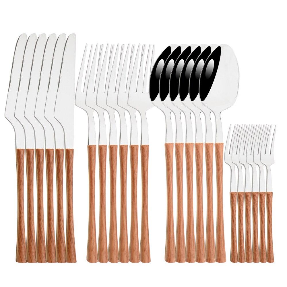 

24 шт., набор столовой посуды из нержавеющей стали с текстурой дерева, мрамора, ручки, фруктовая вилка, западная посуда, обеденный нож, вилка, ложка, набор столового серебра серебряный/коричневый