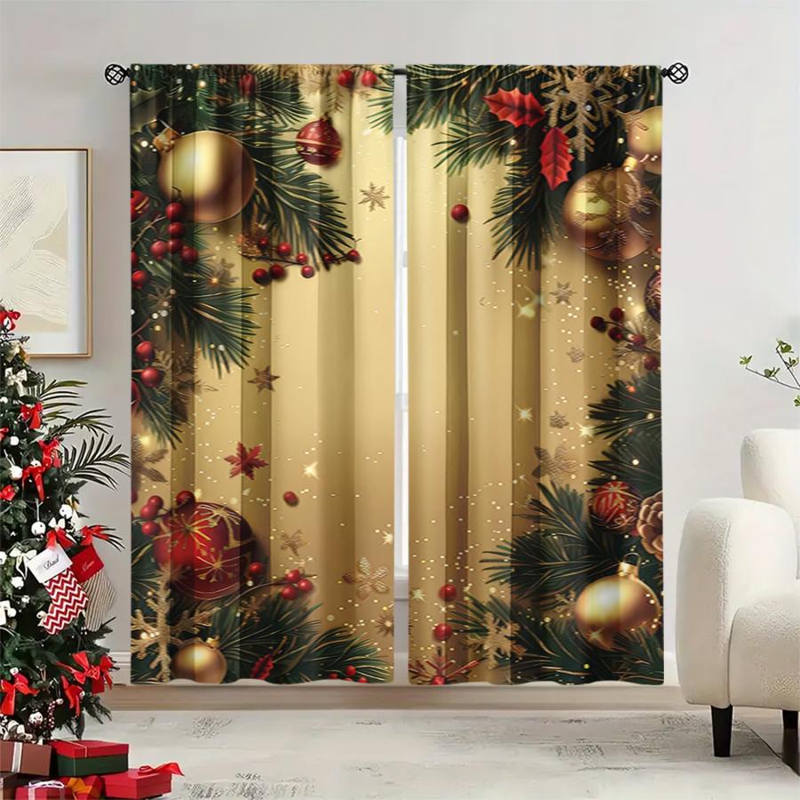 2PCS Gold Christmas Print Curtains, Xmas Ball Pine Branch Snowflake Window Drapes for Holiday Bedroom Living Room Decor