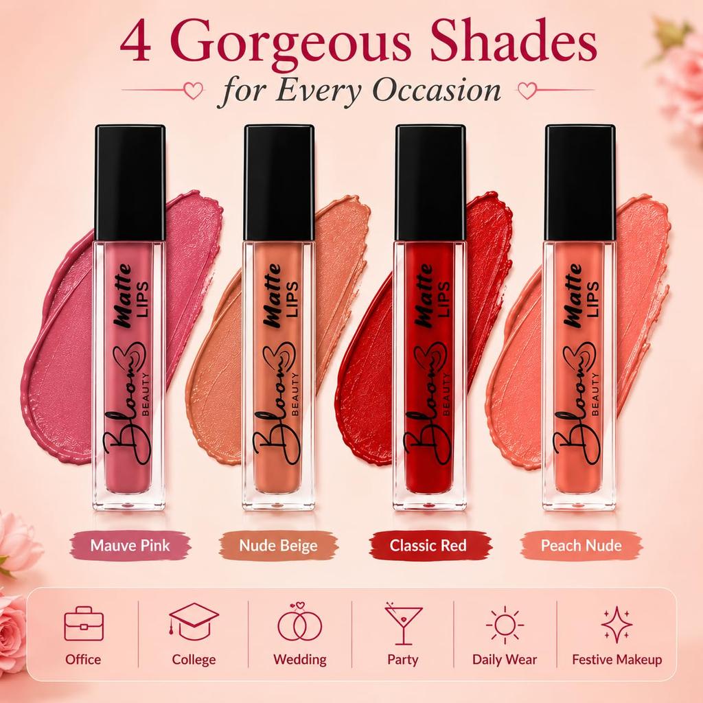 BLOOM BEAUTY, Mini Matte Liquid Lipstick Set of 4 (2ml Each) | Long Lasting, Lightweight & Smudge-Resistant Lip Colors | Nude to Bold Shades Combo