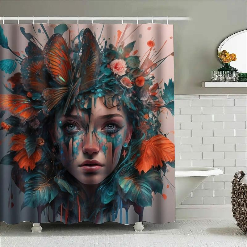 Artistic Woman With Butterflies And Flowers Waterproof Shower Curtain