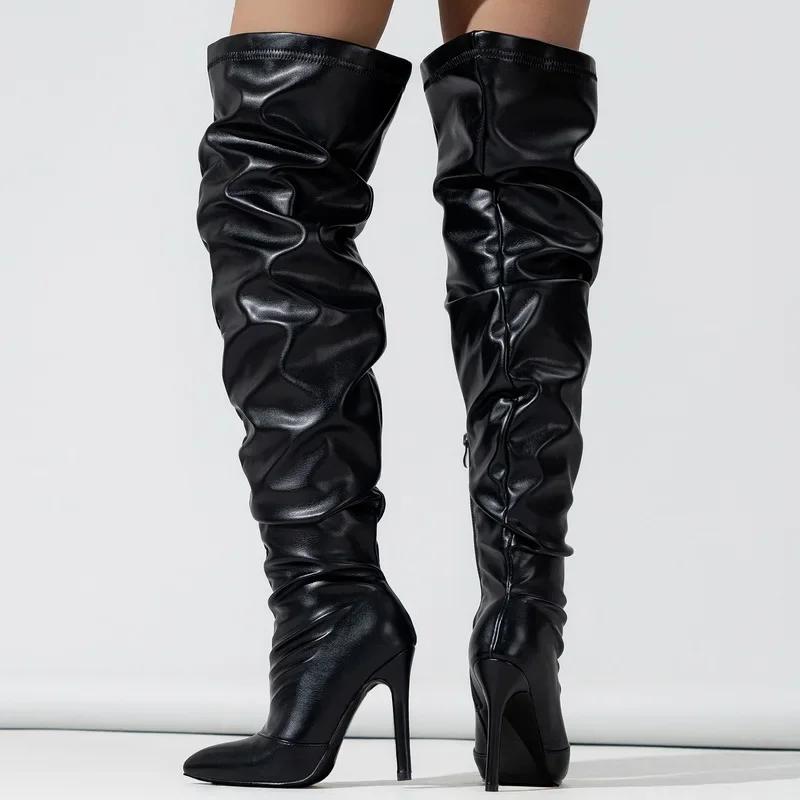 Women Side Zipper High Thin Heel Long Boots Spice Girl Pleated Over Knee High Boots for Outdoor Nightclub Pub Party Gathering