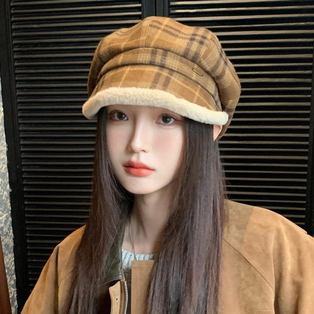 Korean Style Plaid Plush Beret Keep Warm Fisherman Hat Retro Winter Painter Hat  Autumn And Winter