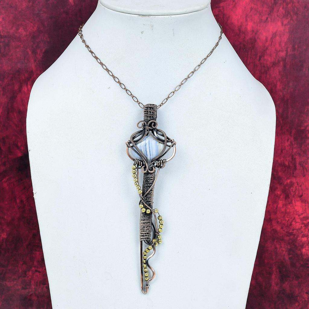 Blue Lace Agate Pendant Copper Wire Wrapped Pendant Key Pendant Antique Jewelry Handmade Pendant Gemstone Copper Jewelry Anniversary Gifts