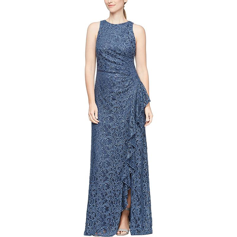 2025 grenzüberschreitend Europa, Amerika, Amazon beliebtes Kleid Rüschenrand mittel und lang Kleid Spitze Bankettkleid Gastgeber Abendkleid