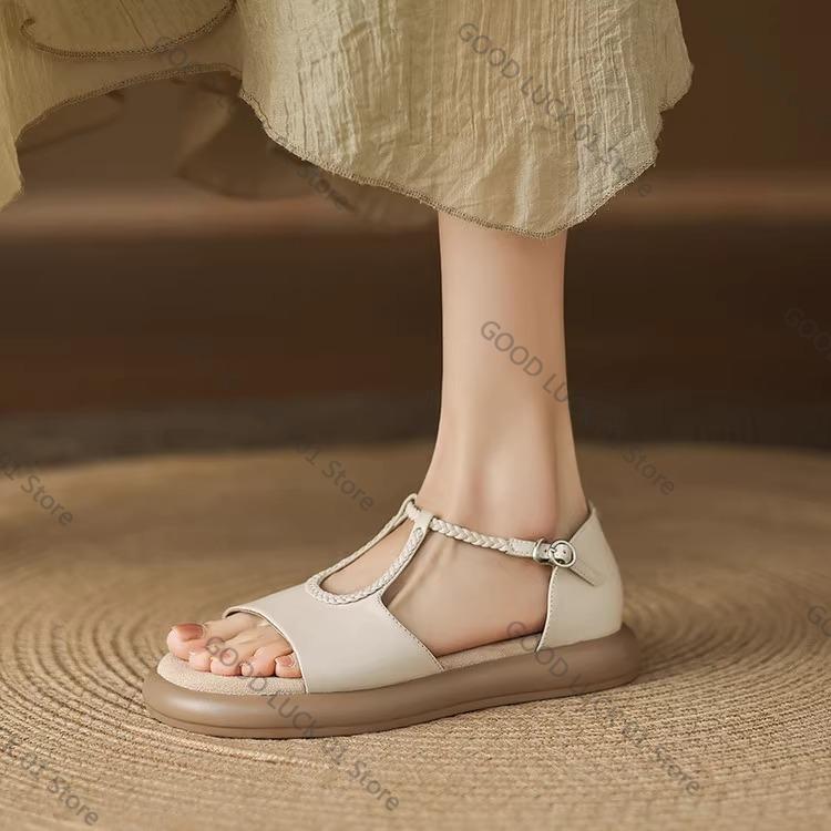 

Fashion Bla Leather Flat Bot Sandals Women s Summer Outdoor Wear Soft Bot Beach Roman oes Red Qingng New 2025 Sle 35 грязно-белый