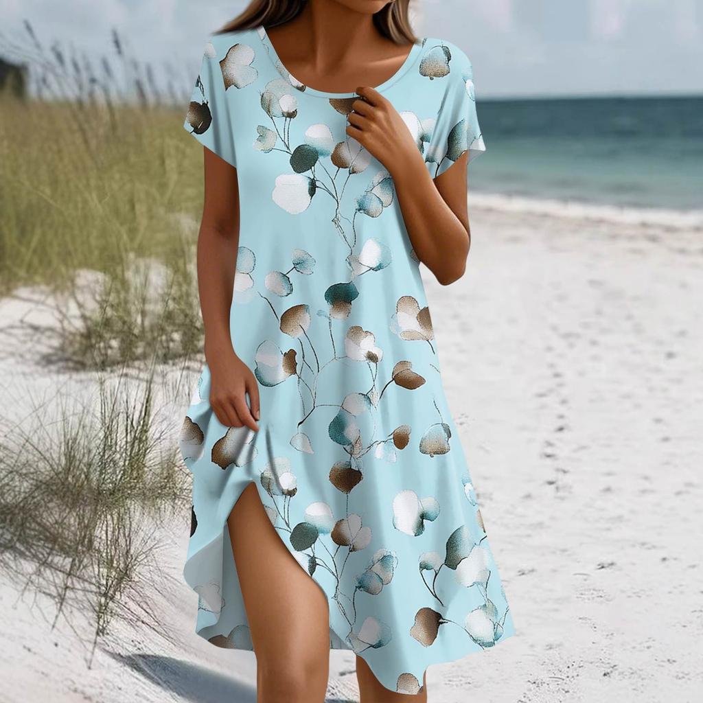 Women's Summer Short Sleeve Round Neck Floral Print Bohemian Dress With Pockets