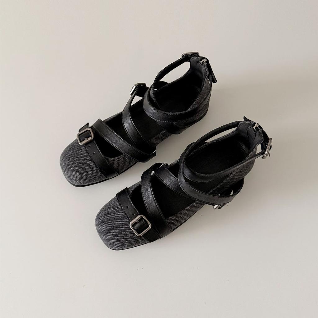 Soft leather version~ retro square head niche cross one-word buckle sports bottom ballet shoes women's versatile light mouth single shoes
