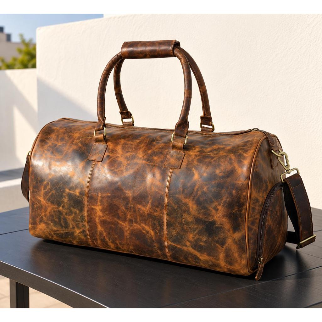 Handgefertigte Reisetasche aus Büffelleder: Herren Wochenend-Reisetasche mit Schuhfach