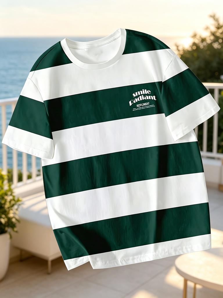 [Printed Design – Not Textured] Men's Casual Crew Neck Striped T-Shirt, Soft and Breathable Crew Neck, Comfortable for All Seasons, for Sports Fans,