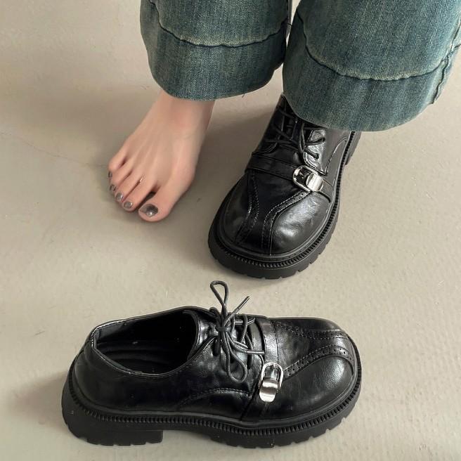 British style thick heel high heel small leather shoes women's summer fashion retro lace-up skirt single shoes thick sole shallow mouth loafers