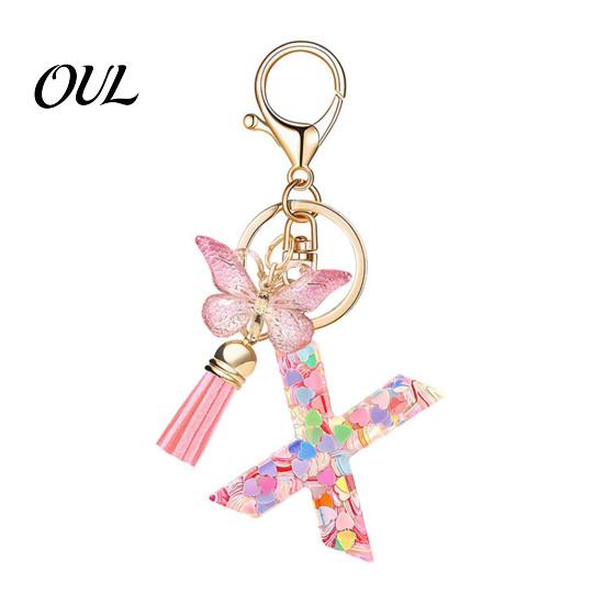 Kompaktes Schlüsselanhänger-Anhänger in Rosa-Serie, Pailletten Herz Initialen-Buchstaben-Anhänger Schlüsselkette mit tragbarem Schmetterlings-Quasten-Design, A-Z Halter für Tasche
