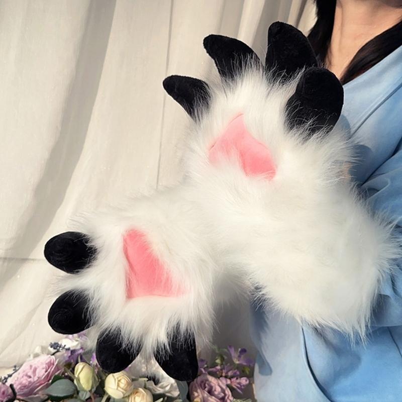 Faux Furs Plush Cats Claw Gloves Fursuit Animal Foxes Paws Mittens Halloween Cosplay Costume Accessories Adult Kids