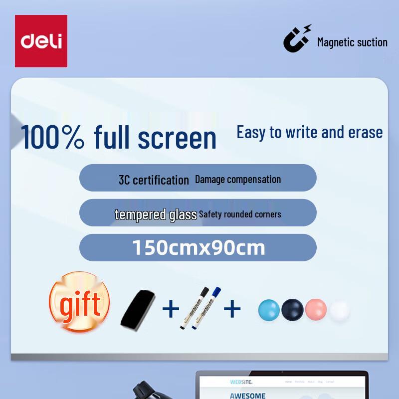 Deli Tempered Glass Magnetic Wall-Mounted Whiteboard 150x90cm