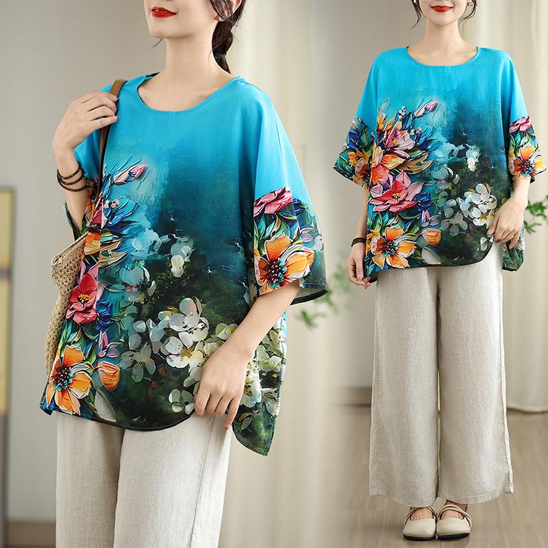 DIMANAF 2026 Plus Size New T-Shirt Women Blouse Flower Loose Casual O-Neck Lady Tops Tees Shirts Oversize Summer