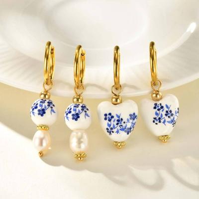 Vnox Blue White Ceramic Flowers Drop Dangle Earrings For Women, Stainless Steel Hoop Huggies Earring, Vintage Aesthetics Jewelry