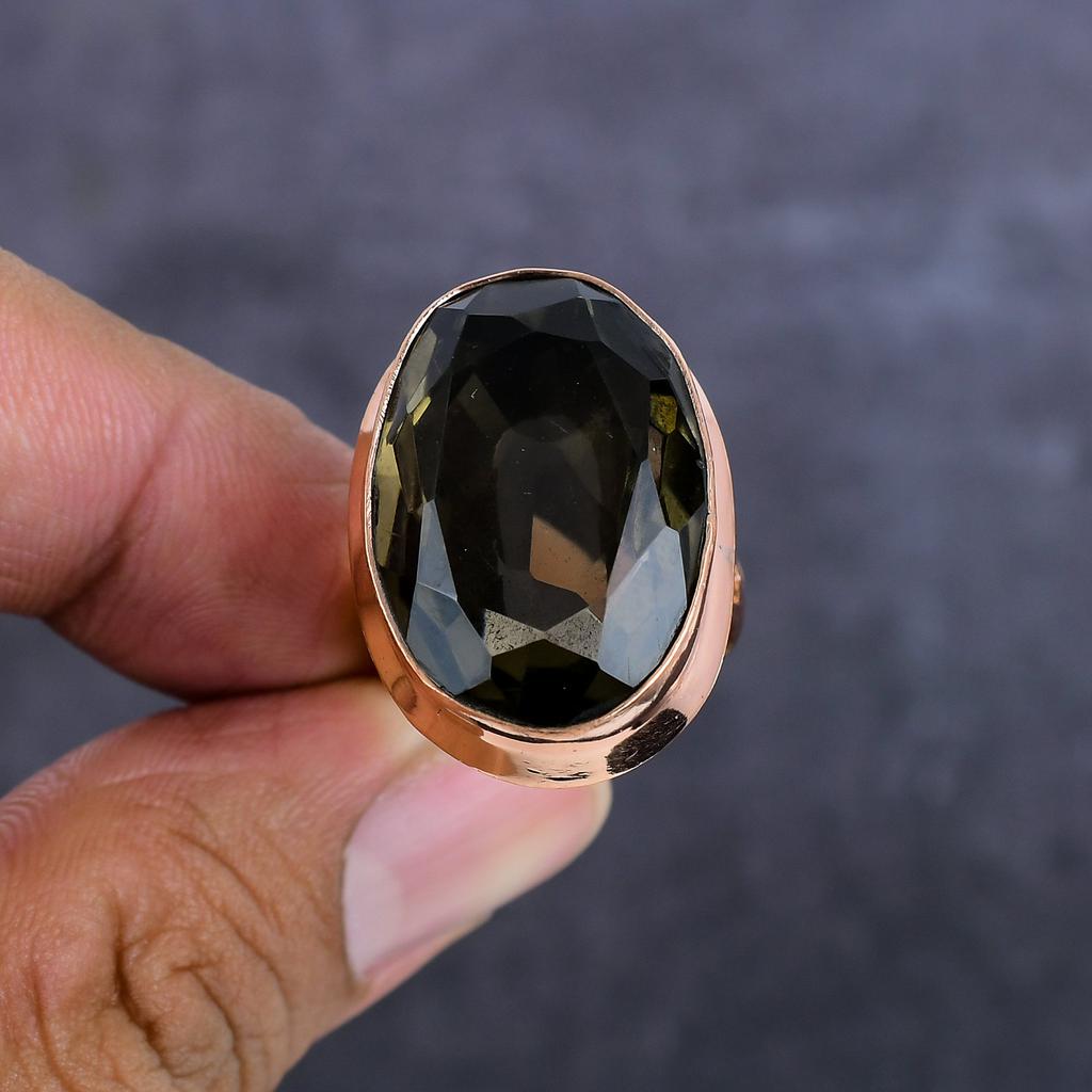 Drahokam kouřový topaz Ručně vyráběný měděný šperk Prsten Velikost 8