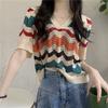 Korean Polo Collar Wave Stripe Knitted Shirt for Women Summer Loose Hollow Hoodie Short Sleeve Bottom Top