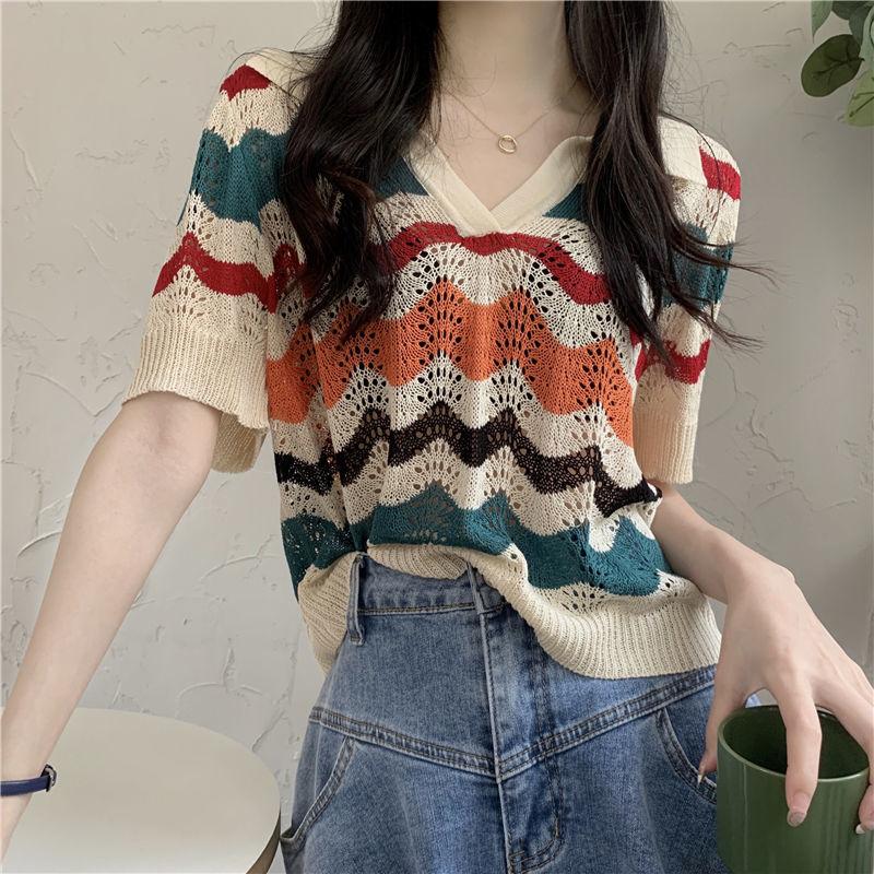 Korean Polo Collar Wave Stripe Knitted Shirt for Women Summer Loose Hollow Hoodie Short Sleeve Bottom Top