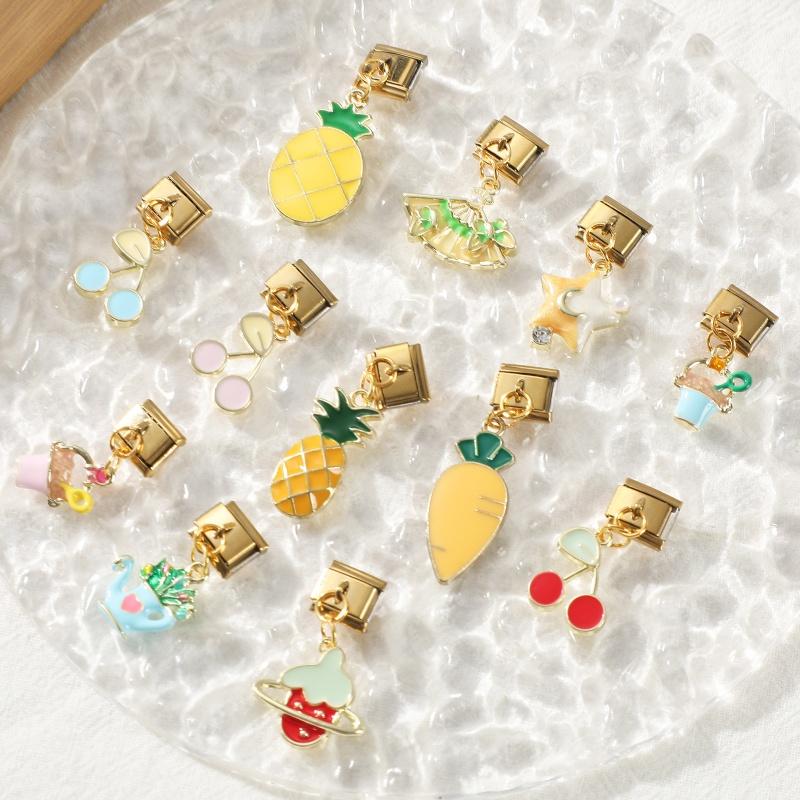 Creative Fruit Series Ice Cream Bow Shell Golden Pendant Italian Charm Links Fit 9MM Stainless Steel Bracelet DIY Making Gift