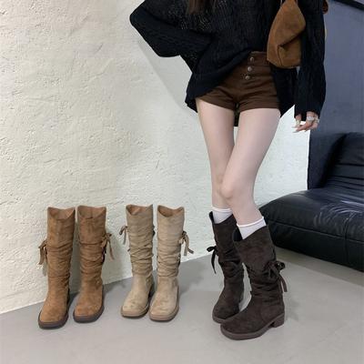 2025 Autumn New Wasteland Fringed Knight Boots Women's Thick Heel Medium Heel Tube Boots Stacking Boots