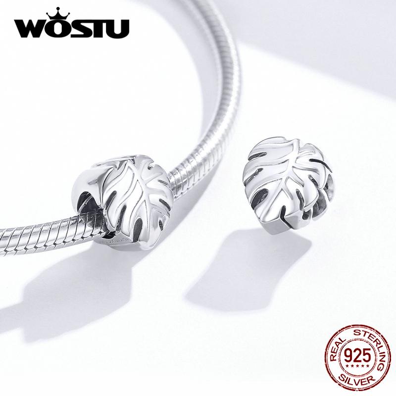 WOSTU 100% 925 Sterling Silver Monstera Deliciosa Beads Plant Charm Fit Original Bracelet Pendant Fashion Wedding Jewelry CTC141