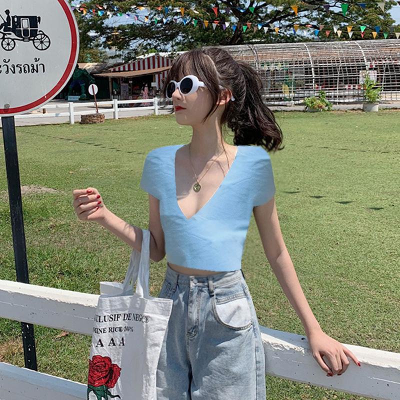 

Футболка с коротким рукавом, женская летняя глубокая футболка с v-образным вырезом, корейская версия с глубоким вырезом, тонкий укороченный топ, модная однотонная майка XXL синий