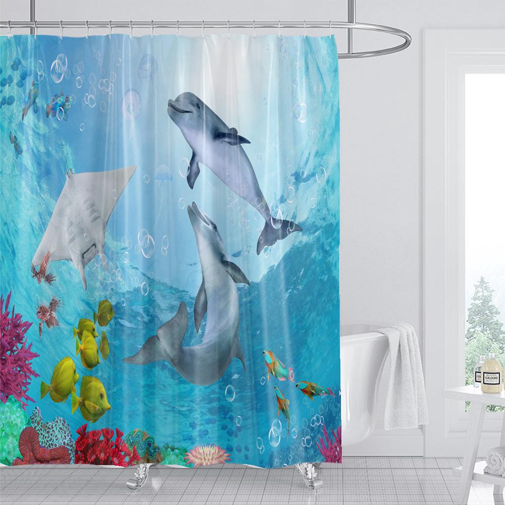 1PC Dolphin Shower Curtain Blue Ocean Biological Polyester Fabric Children's Ocean Theme Bathroom Decoration Shower Curtains